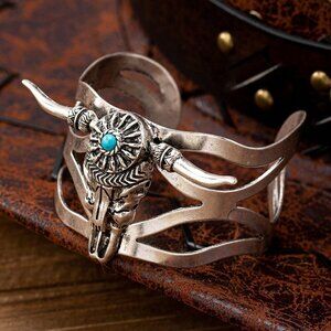 Western Cowboy Women's Style Distressed Turquoise Hollow Wide Metal bracelet